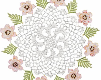 Tapete de encaje floral de ganchillo vintage con rosas y borde de volutas