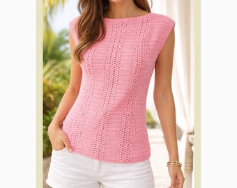 Top de ganchillo para principiantes, chaleco rosa vintage, patrón sin mangas para mujer, tallas XS a XL