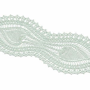 May include: A light green, oval-shaped, crocheted doily with a delicate, openwork design. The doily features a scalloped edge and intricate patterns, perfect for adding a touch of handmade charm to any home decor.
