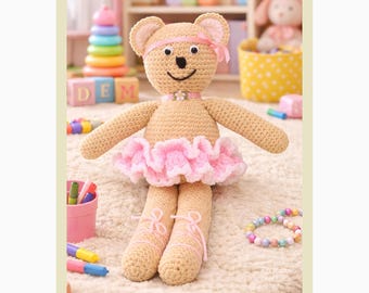Patrón de ganchillo de oso bailarina, juguete amigurumi de peluche vintage (descarga en PDF)