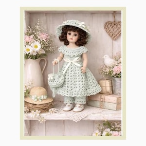 Vintage gehaakte poppenjurk, muts en parasol – pop van 8 inch