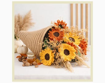 Patrón de cornucopia a crochet, centro de mesa de cosecha de girasoles, decoración de otoño para Acción de Gracias (patrón en PDF)