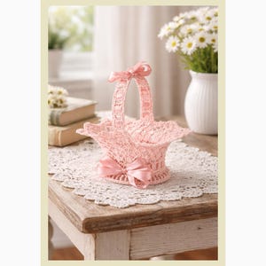 Crochet Ribbon-Trim Basket Pattern with Lace Sides and Handle