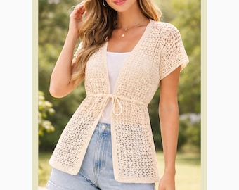 Cárdigan de malla de ganchillo para verano, chaqueta de playa para principiantes, pareo con cinturón (PDF)