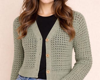 Patrón de cárdigan de malla de ganchillo – Cárdigan de encaje con cuello en V y botones delanteros (PDF)