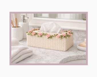 Patrón de funda para caja de pañuelos de crochet con flores y hojas (PDF)