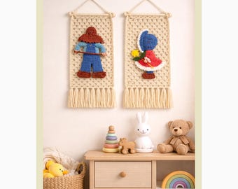 Patrón de tapiz de ganchillo, Muñecas Sue Sam, Decoración de arte popular campestre, 40 cm (PDF)