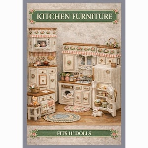 May include: A miniature kitchen set with multiple pieces, including cabinets, a refrigerator, and a sink. The set is made of woven material and decorated with floral accents. The text "KITCHEN FURNITURE" and "FITS 11" DOLLS" are displayed.