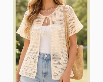 Patrón de ganchillo para pareo de playa, cárdigan de malla veraniego, chaqueta con encaje y lazo frontal, pareo ligero para baño (PDF)