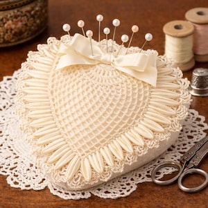 Pode incluir: Alfineteiro em forma de coração creme com centro de crochê e detalhes de fita. Alfinetes com cabeça de pérola são inseridos na almofada. Um laço creme adorna a parte superior. A almofada é cercada por uma borda de renda.