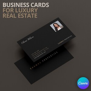 Modelo de cartão de visita imobiliário de luxo editável Canva, cartões de visita horizontais minimalistas escuros, recurso para corretores de imóveis, marketing imobiliário