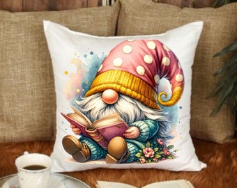 Gnome Themed Polyester Square Pillow Book Themed Gift for Gnome Lover birthday present gnome couch pillow for gnome collector librarian gift