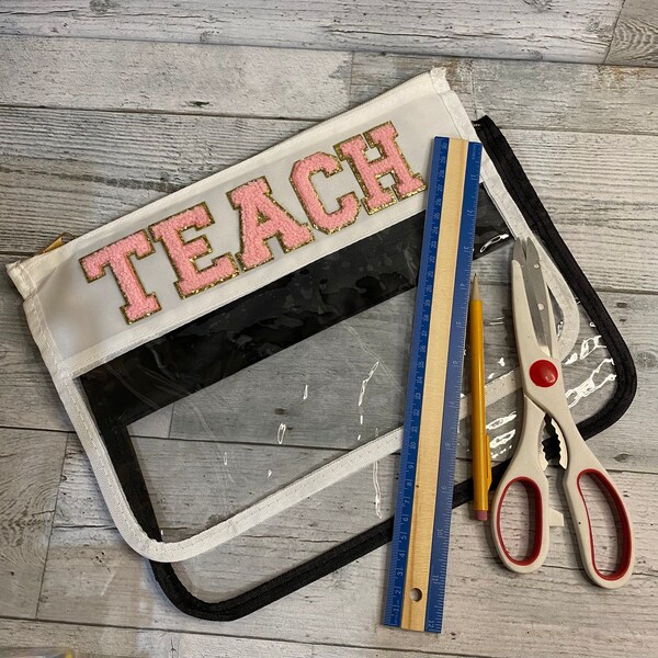 TEACH clear pouch with glitter varsity letter and strap chenille letter travel bag for teacher stuff gift for teacher appreciation day