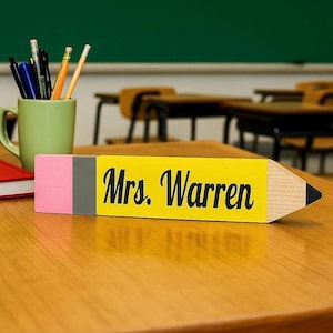 Teacher desk sign teacher appreciation gift, personalized teacher name plate wood pencil sign for desk, end of school teacher Christmas gift