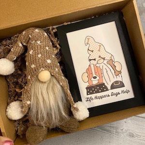 May include: A brown and white gnome with a long white beard is in a gift box with a framed print of a dog and gnome with the text "Life Happens Dogs Help".