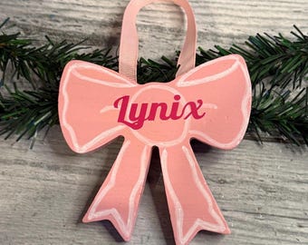 Personalized Coquette girl decor wood bow decoration girls room pink decor bows hanging tag baby's first christmas