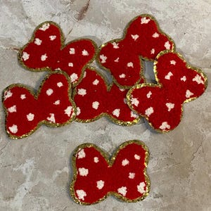 bow shaped iron on patch badge for girl hat iron on patch for backpack mouse red and white glitter bow for sweatshirt mouse bow for trip