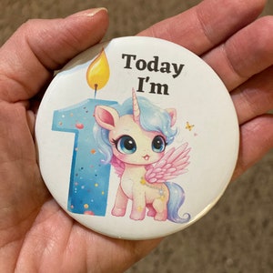 Unicorn button 1st birthday button one year old birthday decor first birthday pin unicorn birthday button