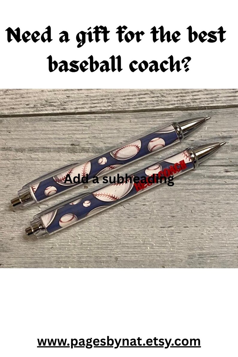 May include: Two retractable ballpoint pens featuring a dark blue background with a repeating white baseball pattern and red stitching. The text "Need a gift for the best baseball coach?" appears at the top, and "Add a subheading" is in the center.