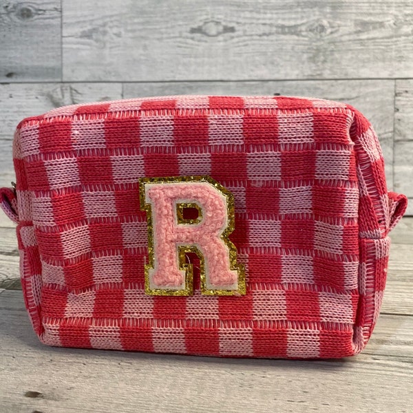 Personalized checkered make up pouch for mothers day with glitter chenille letter travel makeup zipper pouch teen girl gift for bridesmaid