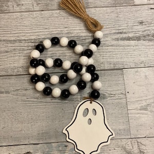 Ghost wood bead garland Halloween garland white black Halloween garland black and white spooky ghost garland Halloween tier tray decor
