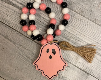 Pink Halloween Ghost wood bead garland pink Halloween garland white  black Halloween garland spooky ghost garland Halloween tier tray decor