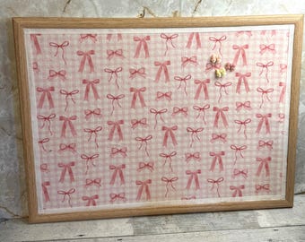 girl bedroom wall decor vision board coquette fabric covered cork board playroom idea Bulletin board girl bow theme room teen girl gift