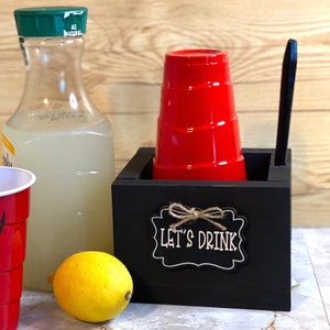 Cup and marker holder black wood party cup holder cup holder party organization wood cup holder with marker hole, birthday party cup holder