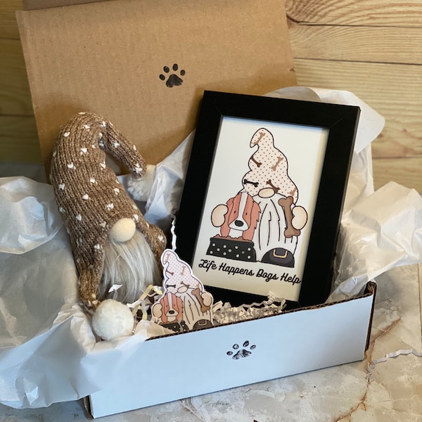 Dog lover themed gift box gnome themed gift box gnome with dog framed print dog with gnome sticker Cute gnome gift bundle gnome plush