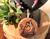 Hand Carved Cedar Wolf Pendant Necklace, Cherokee Language