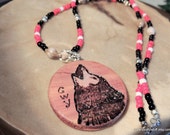 Wolf Cedar Pendant, Corn Bead Necklace, Cherokee Language