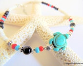 Turquoise Turtle Seed Bead and Onyx Gemstone Anklet