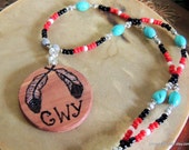 Proud to be Cherokee Cedar Pendant and Seed Bead Necklace, Cherokee Language