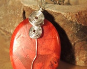 Red Coral Wire Wrap Pendant, Silver Wire Wrap