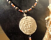 Native Style Pottery Corn Bead and Seed Bead Necklace, Pottery Pendant