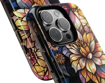 Floral Stained Glass Effect iPhone Case, Tough Cases, Artistic Protection for Phone, Unique Gift for Him/Her, Colorful Nature Design