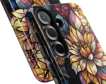 Floral Stained Glass Effect Samsung Case, Tough Cases, Artistic Protection for Phone, Unique Gift for Him/Her, Colorful Nature Design