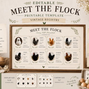 Puede incluir: Una plantilla imprimible "Meet the Flock" de estilo vintage, con ilustraciones de pollos y texto. El diseño está enmarcado e incluye un botón de edición de Canva. Incluye dos tamaños y es ideal para los amantes de los pollos.