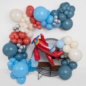 Time Flies DIY Glam Balloon Garland Arch Kit  • Vintage Airplane  • Fighter Jet  • Retro Red, White Dusty Blue • Birthday Party Decor