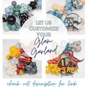 Puede incluir: Cuatro im&aacute;genes que muestran guirnaldas de globos en diferentes esquemas de colores y temas. Las guirnaldas est&aacute;n hechas con una variedad de tama&ntilde;os y formas de globos, incluidos globos redondos, de coraz&oacute;n y de estrella. Las guirnaldas est&aacute;n decoradas con varios acentos, como cintas, serpentinas y peque&ntilde;os juguetes. El texto "Let us customize your Glam Garland" se muestra en el centro de la imagen. El texto "check out description for link" se muestra en la parte inferior de la imagen.