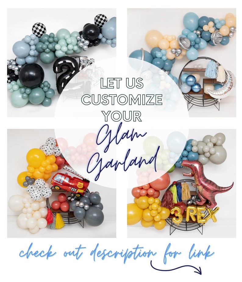 Puede incluir: Cuatro im&aacute;genes que muestran guirnaldas de globos en diferentes esquemas de colores y temas. Las guirnaldas est&aacute;n hechas con una variedad de tama&ntilde;os y formas de globos, incluidos globos redondos, de coraz&oacute;n y de estrella. Las guirnaldas est&aacute;n decoradas con varios acentos, como cintas, serpentinas y peque&ntilde;os juguetes. El texto "Let us customize your Glam Garland" se muestra en el centro de la imagen. El texto "check out description for link" se muestra en la parte inferior de la imagen.
