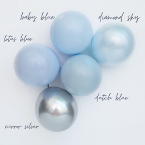 May include: Five balloons in various shades of blue, including baby blue, lotus blue, diamond sky, and dutch blue. One balloon is a metallic silver color. The balloons are arranged in a circle on a white background.