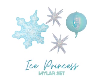 Ice Princess Mylar Balloons • AIR FILL • Snowflakes • Pearl Iridescent Starbursts  • Aqua Blue • Frozen Winter Wonderland Party