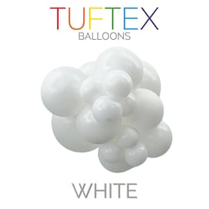 May include: A cluster of white balloons of varying sizes arranged together. Above the balloons, the text TUFTEX BALLOONS is displayed in a multi-colored font. Below the balloon cluster, the word WHITE is printed in a simple gray font.