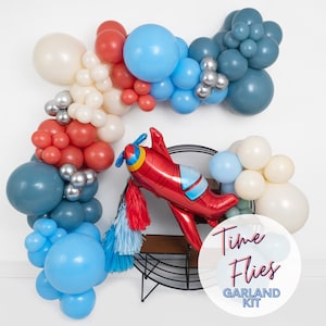 Time Flies DIY Glam Balloon Garland Arch Kit  • Vintage Airplane  • Fighter Jet  • Retro Red, White Dusty Blue • Birthday Party Decor