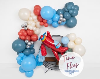 Time Flies DIY Glam Balloon Garland Arch Kit  • Vintage Airplane  • Fighter Jet  • Retro Red, White Dusty Blue • Birthday Party Decor