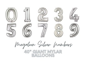 40" Megaloon Giant Mylar Numbers SILVER  - Air OR Helium Fill - Party Decor, Graduation, Birthday 0,1,2,3,4,5,6,7,8,9