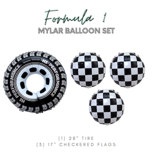 Pu&ograve; includere: Set di palloncini in Mylar Formula 1 che include un palloncino a forma di pneumatico da 71 cm e tre palloncini a bandiera a scacchi da 43 cm.