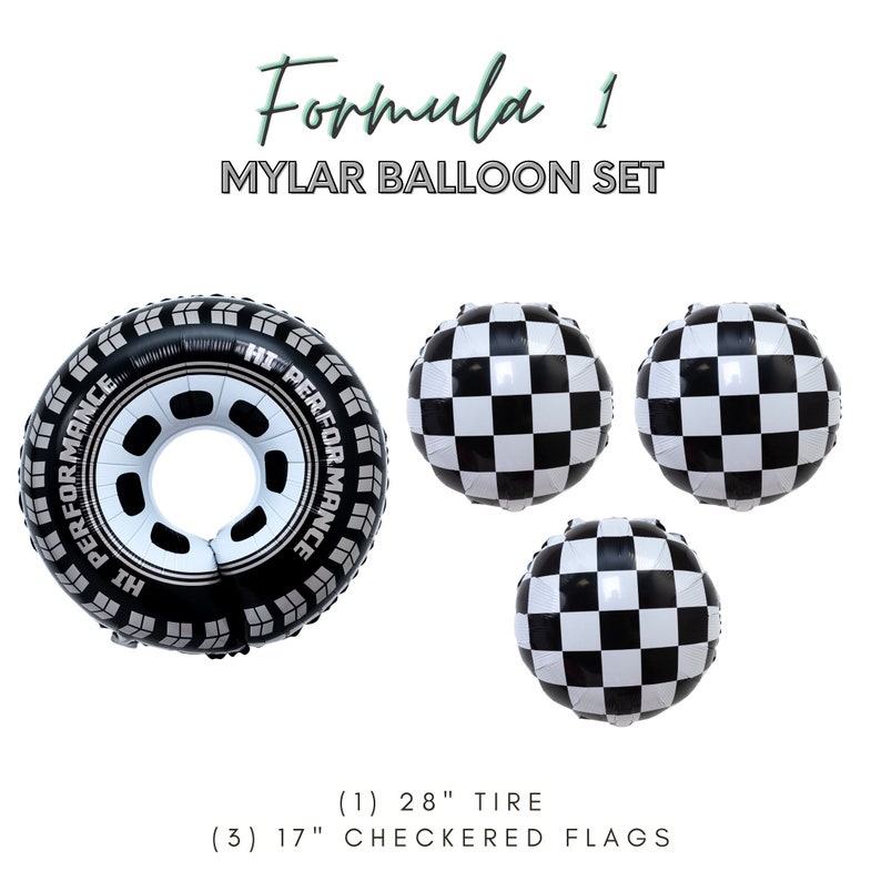 Pu&ograve; includere: Set di palloncini in Mylar Formula 1 che include un palloncino a forma di pneumatico da 71 cm e tre palloncini a bandiera a scacchi da 43 cm.