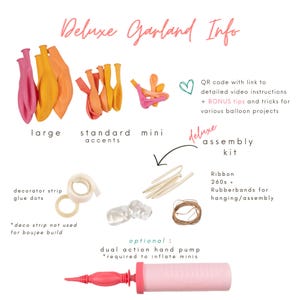 May include: An image detailing a deluxe garland kit with balloons in pink, orange, and yellow. The kit includes a decorator strip, glue dots, ribbon, rubber bands, and an optional dual-action hand pump. Text reads "Deluxe Garland Info."